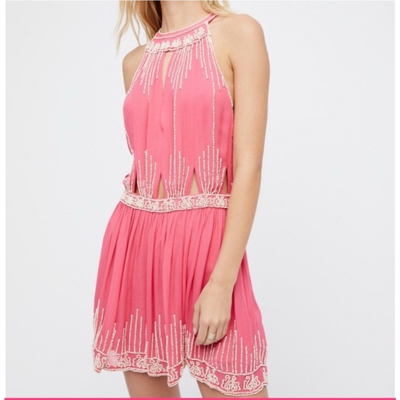 Free People Dresses & Skirts - Free People Pink and Cream Beaded Halter Dress with Cutout